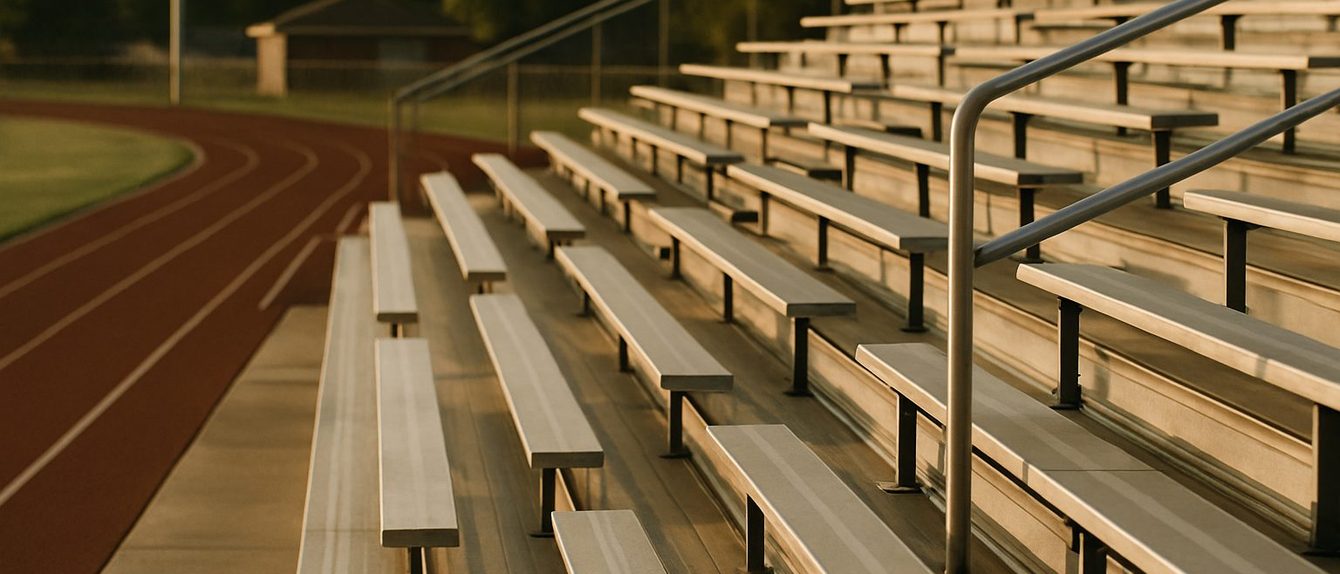 Empty stadium bleachers beside a running track in golden evening light