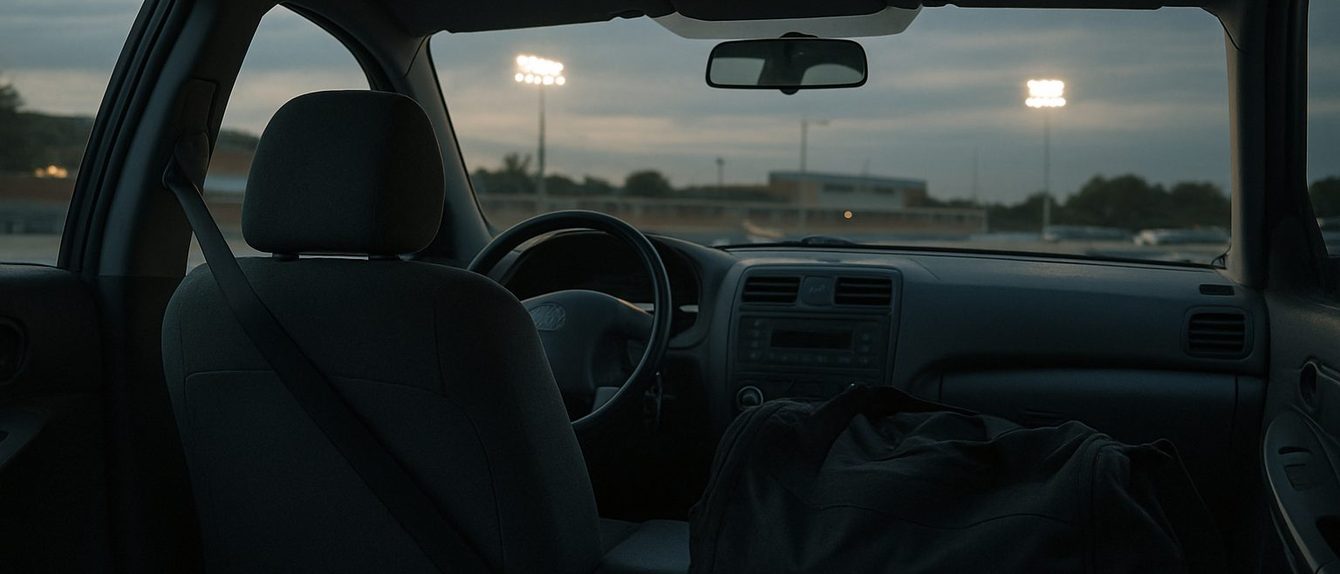 View from the back seat of a parked car at dusk, gym bag on the passenger seat, seat belt across the driver seat, stadium light towers through the windshield