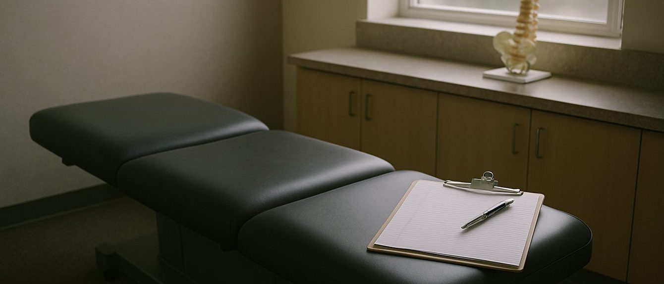 Quiet chiropractic exam room with a padded treatment table, a clipboard and pen on a rolling stool, and a spine model on the counter