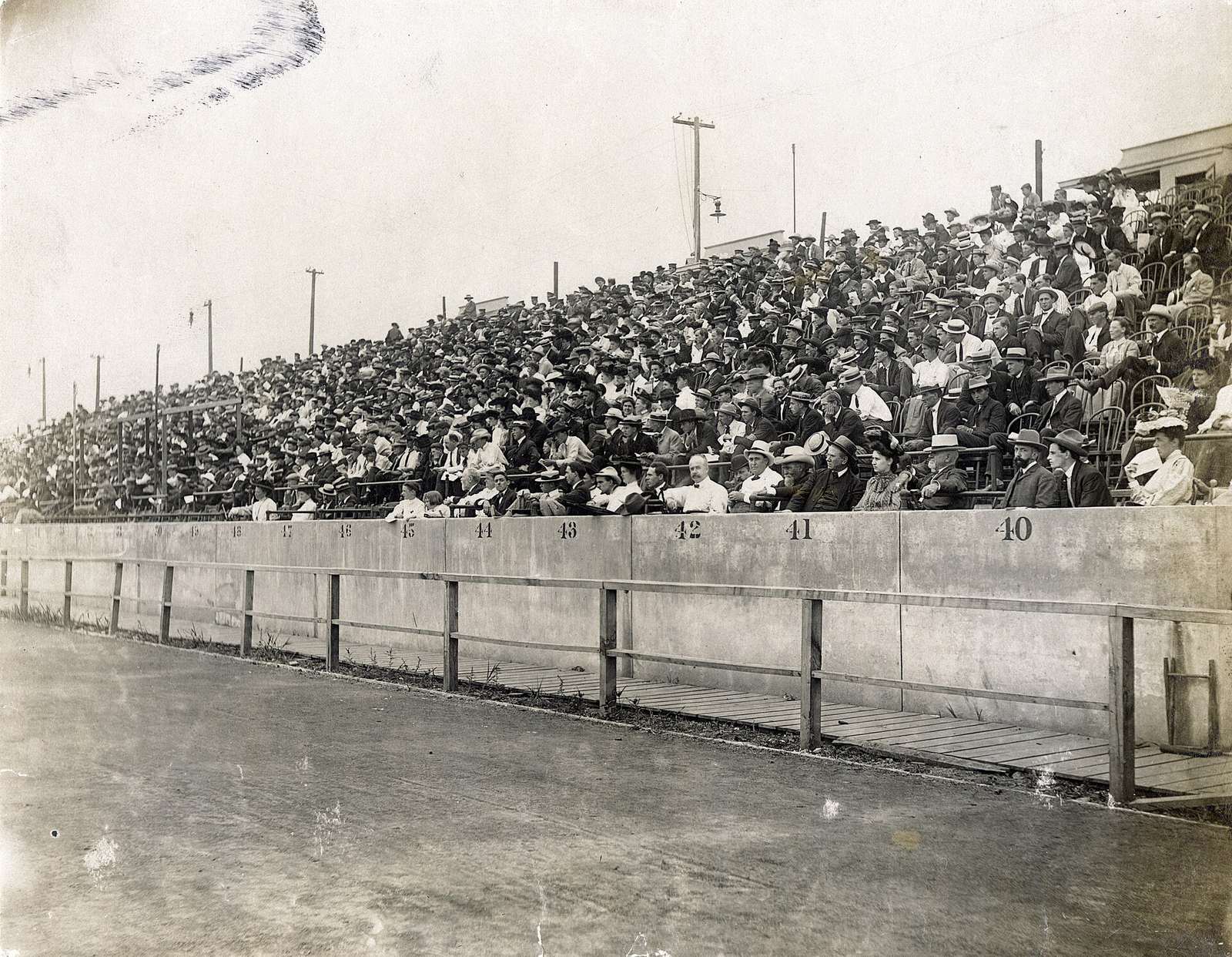 Black and white photograph of a full grandstand at Francis Field in St. Louis during the 1904 Olympic Games