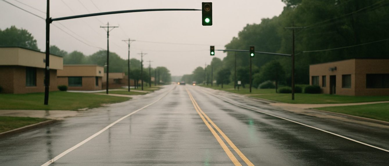 Two-lane suburban road in St. Charles County on a wet morning after rain, a traffic signal on green, low commercial buildings and trees