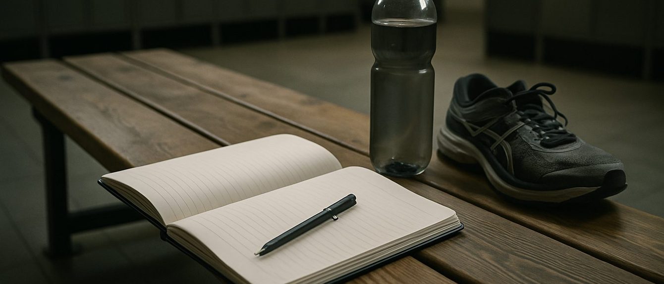 Open blank notebook and pen on a locker room bench next to running shoes and a water bottle