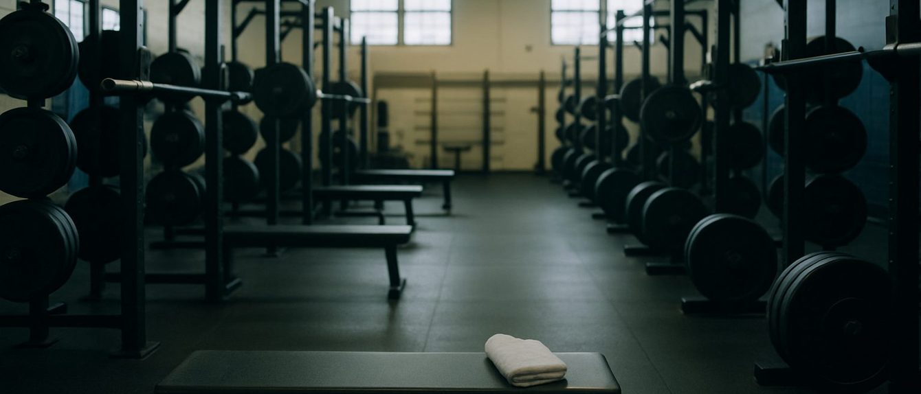 Empty high school weight room in early morning light, racks of barbells and plates, a rolled towel on a flat bench
